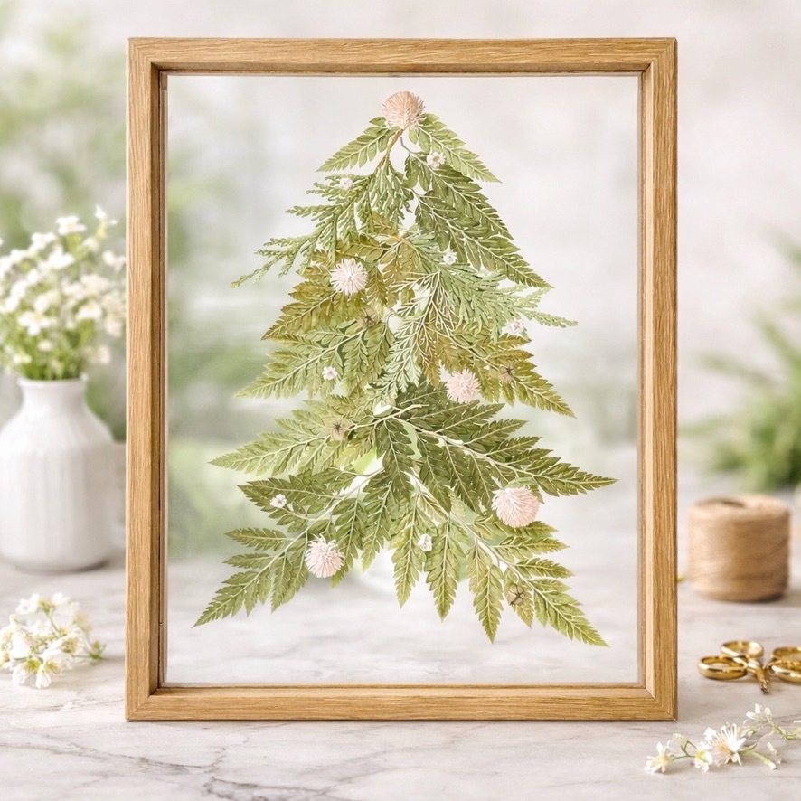 Christmas tree made from pressed ferns with small flower ornaments