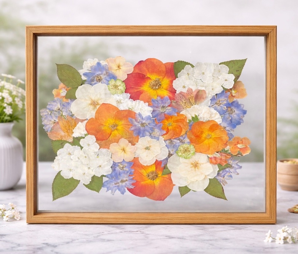 Vibrant pressed flower bouquet with orange, blue, and white flowers in a natural wood frame