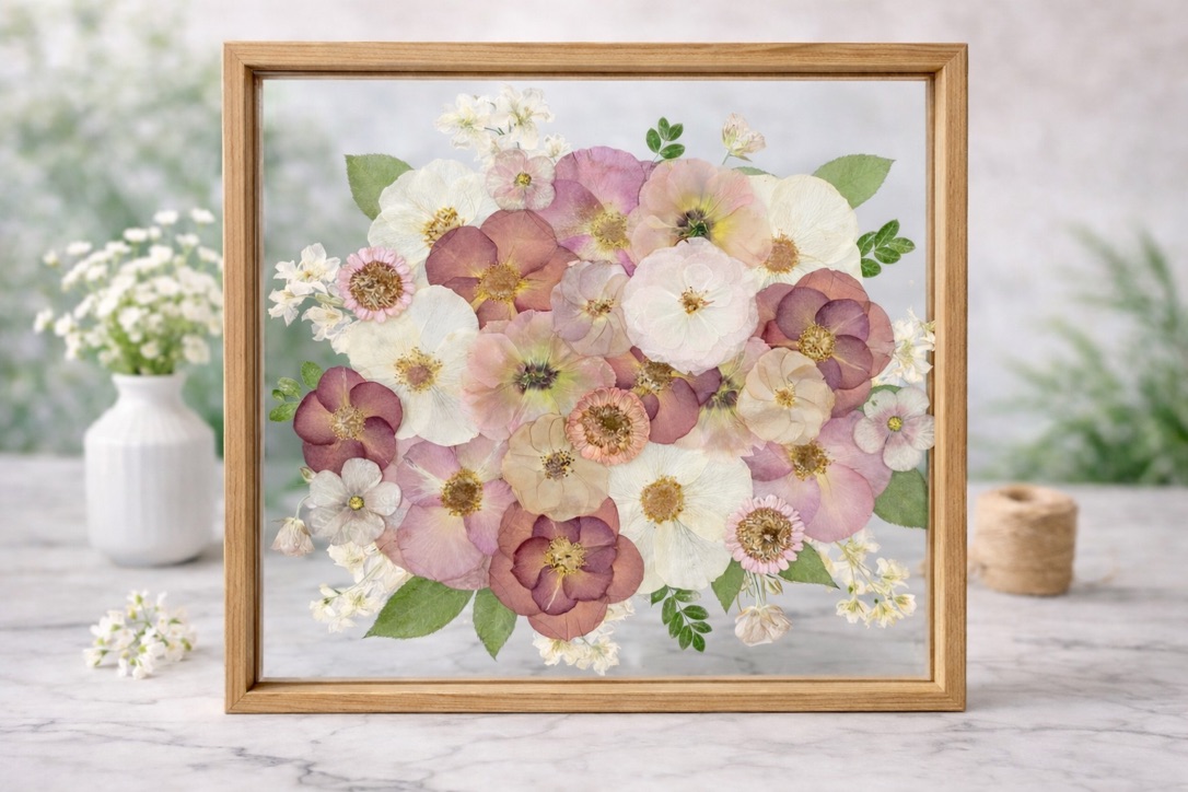 Pink and mauve pressed flower bouquet in natural wood frame