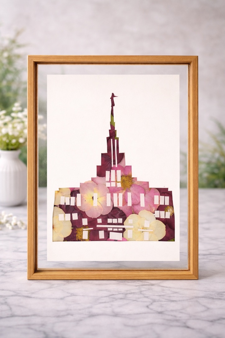 LDS temple silhouette made from pressed pink and burgundy flowers