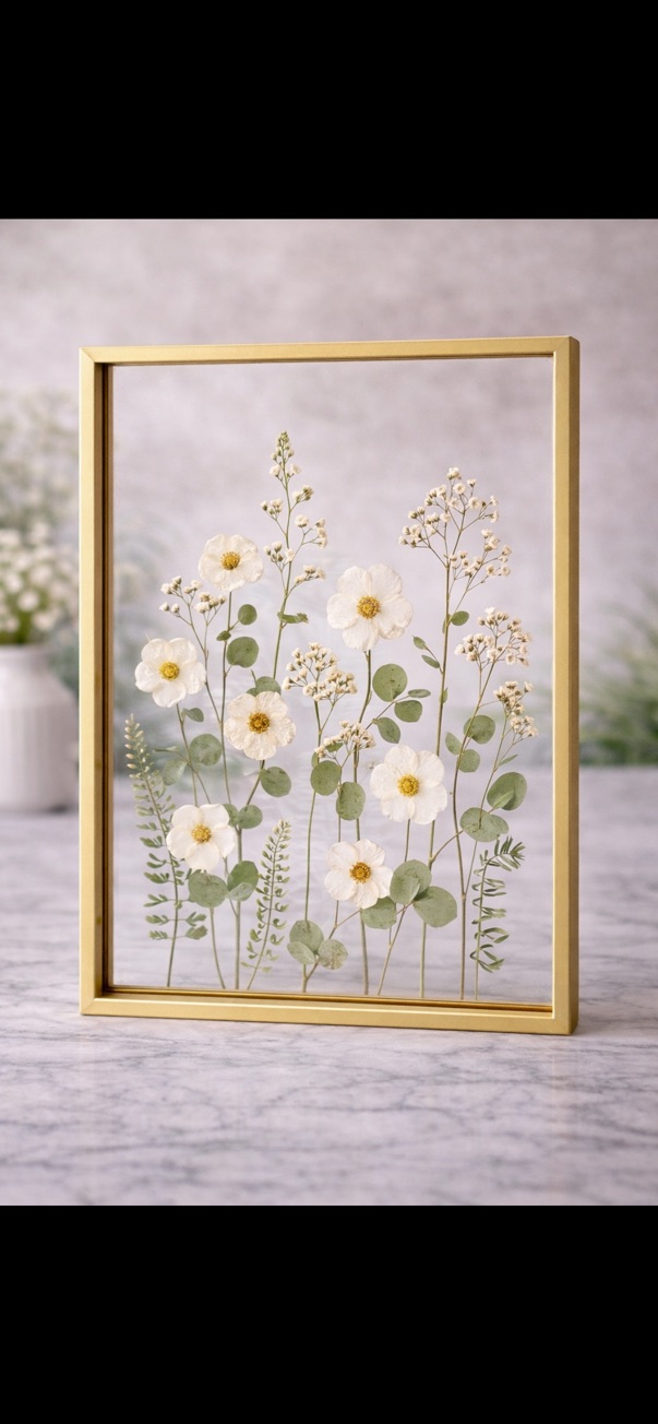 Delicate white pressed flowers with eucalyptus in a gold floating frame